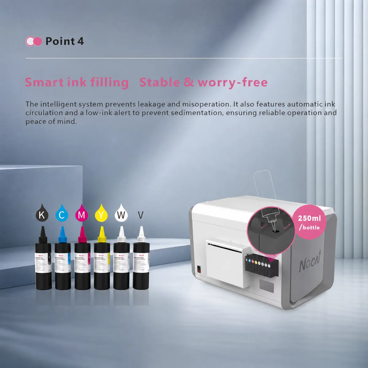 NC-UVA3MAX UV printer supporting multiple color combinations including color-white and color-varnish effects
