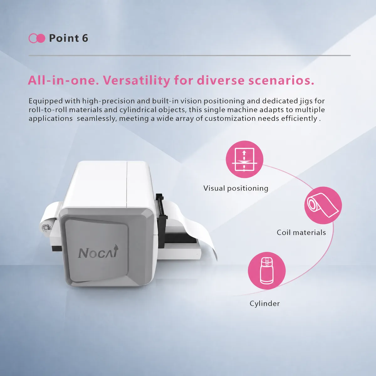 NC-UVA3MAX UV printer with built-in high-precision visual positioning and compatible jigs for roll and cylindrical objects